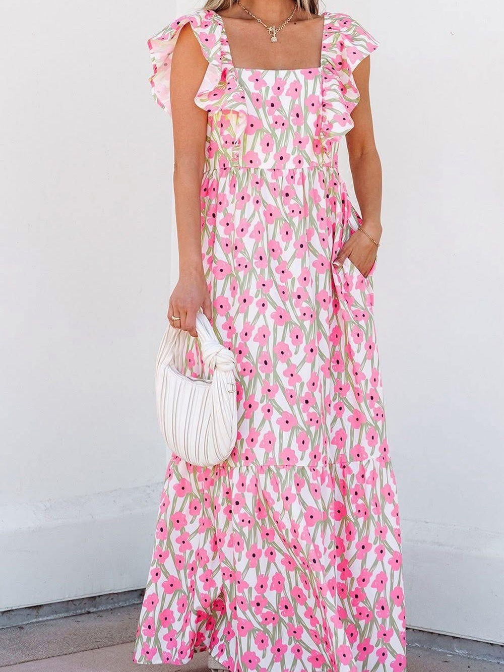 Floral Pink Maxi Sundress with Ruffle Sleeves